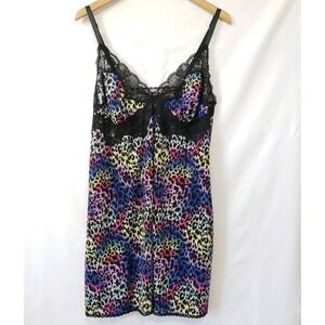 Cacique Babydoll Chemise  Sz 14/16 Purple Rainbow Leopard Lace Animal Print Slip